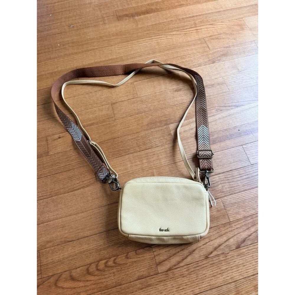 The Sak Cream Tan Leather Crossbody Camera Bag Webbing Guitar Strap Boho